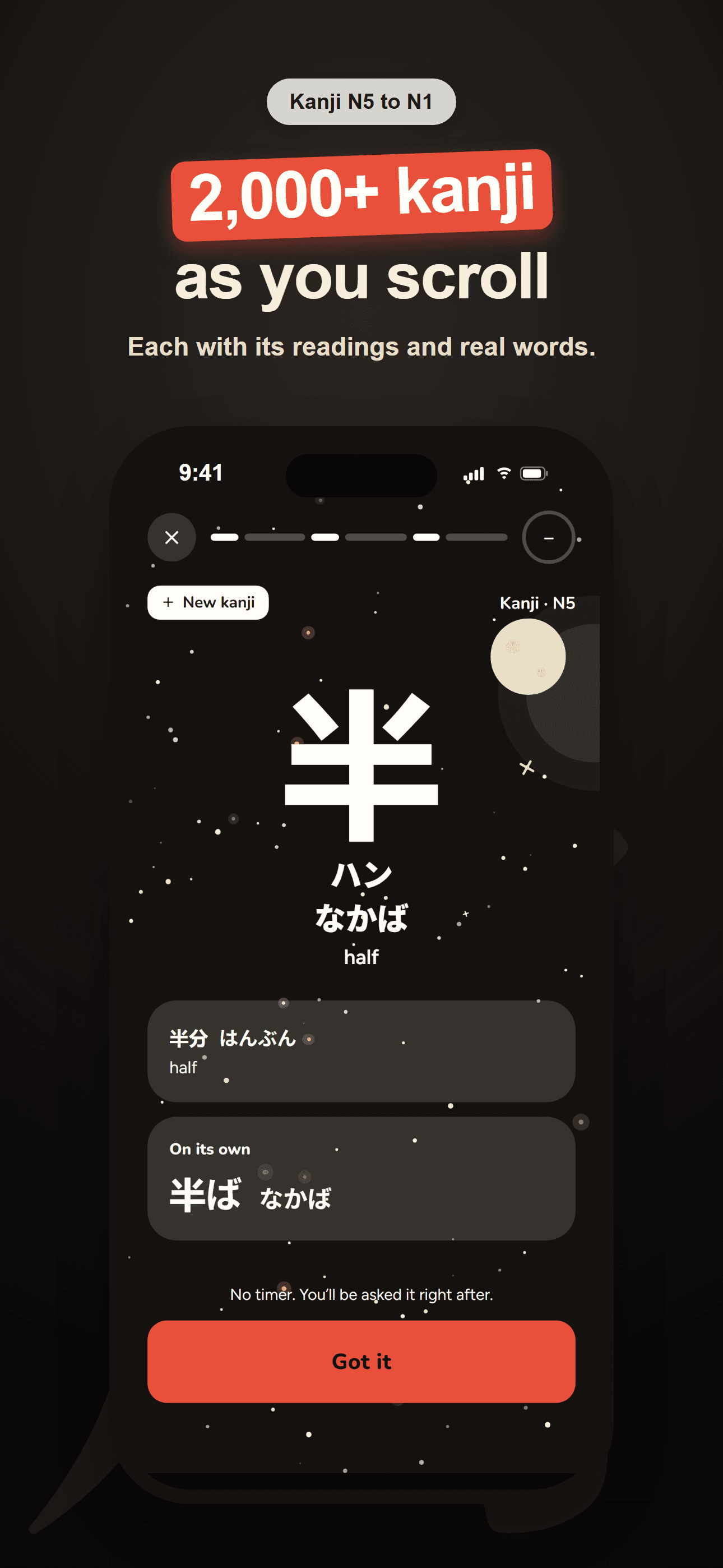2,000+ kanji from N5 to N1, each with its readings and real words