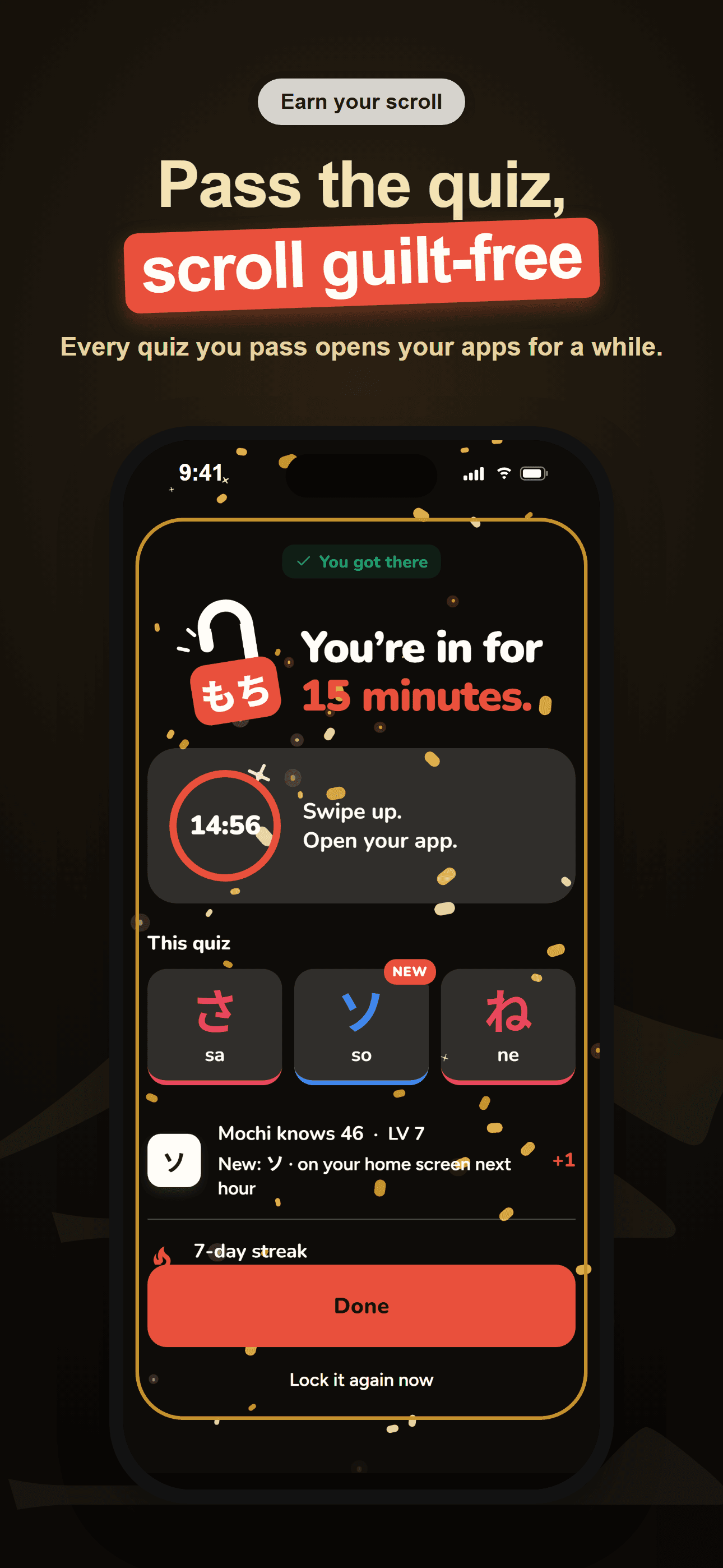 Earn your scroll: every quiz you pass opens your apps for a while