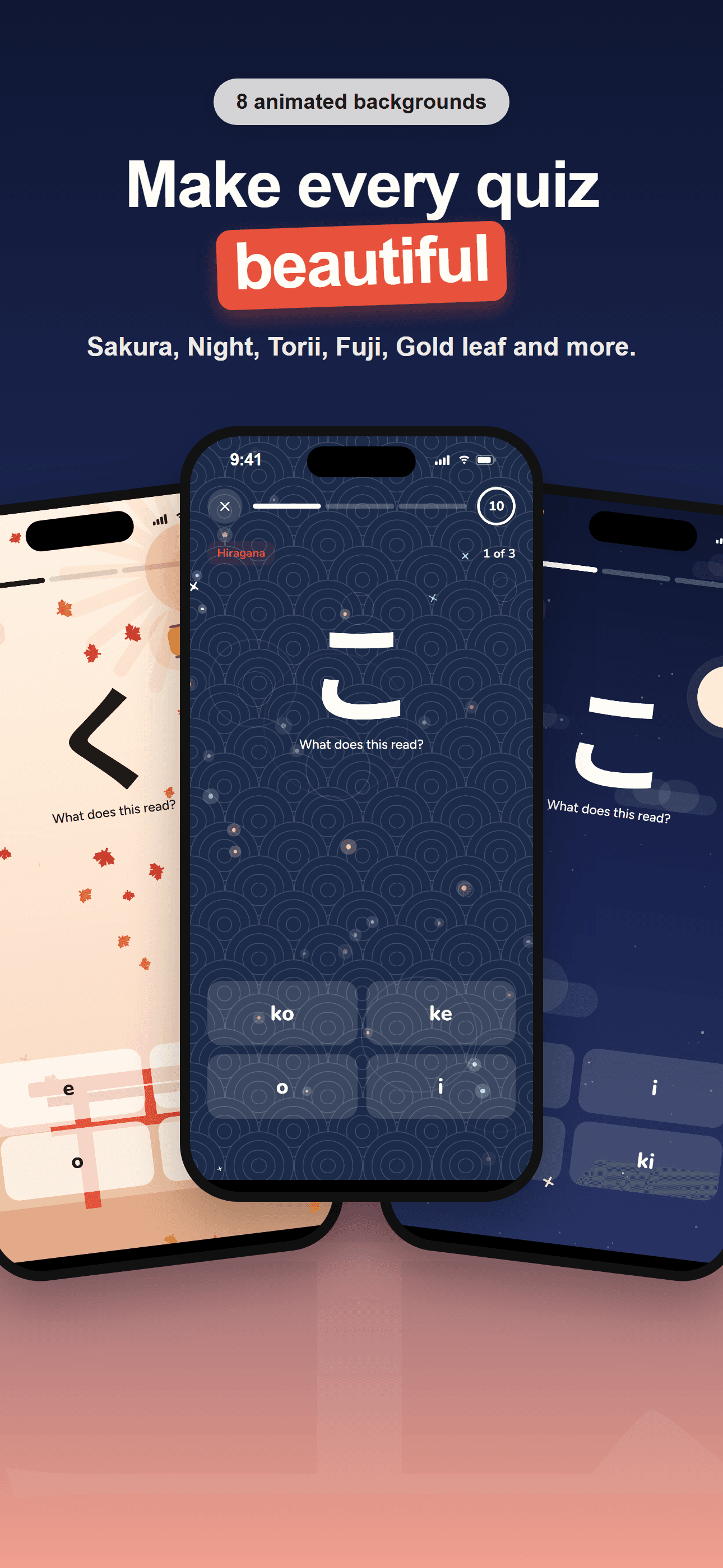 Eight animated backgrounds: Sakura, Night, Torii, Fuji, Gold leaf and more